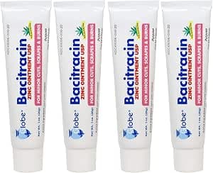 (4 Pack) Globe Bacitracin Zinc Ointment + Aloe 1oz, Antibiotic Ointment, Essential Antibiotic First Aid Supplies, Healing Action, Maximum Antibiotic Power, Prevents Infection in cuts, scrapes, Burns