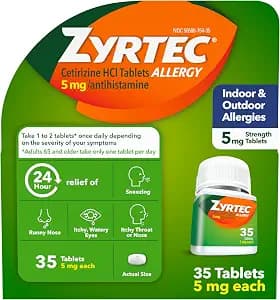 Zyrtec 24 Hour Allergy Relief Tablets, Indoor & Outdoor Allergy Medicine for Adults with 5 mg Cetirizine Hydrochloride, Relief of Runny Nose, Sneezing, Itchy Eyes, Plus Dust, Mold & Pet Dander, 35 ct