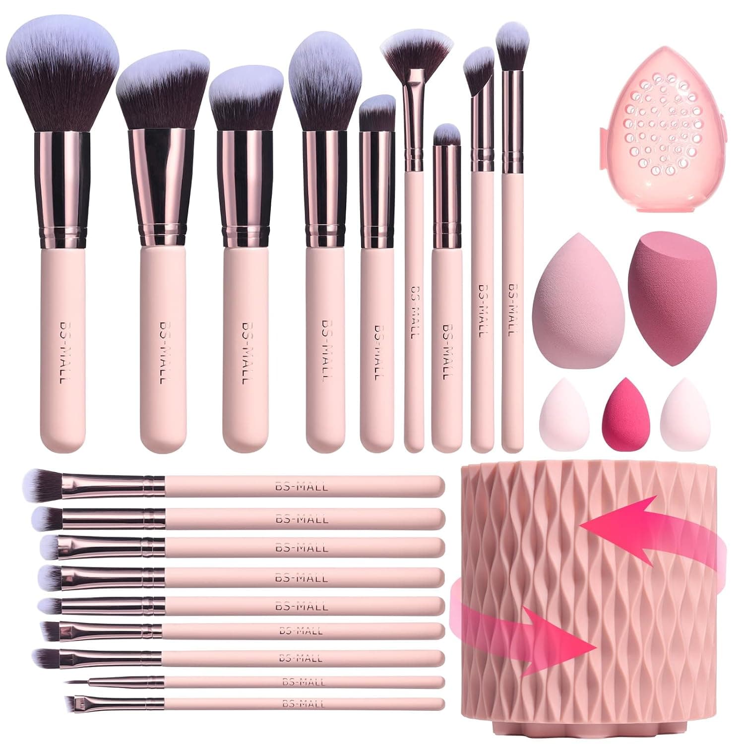 BS-MALL Makeup Brushes Premium Synthetic Foundation Powder Concealers Eye Shadows 18 Pcs Brush Set with 5 sponge & Holder Sponge Case (A-Pink)