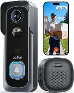 BOIFUN Video Doorbell Camera Wireless – No Subscription Required, 2K HD, 166° Wide View, HDR Night Vision, Motion Alerts, Two‑Way Audio & Battery Video Doorbell with Chime, 2.4 GHz Wi‑Fi Only