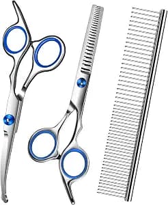Dog Grooming Scissors with Safety Round Tip,Pet Grooming scissors Kit,Dog Shears for Grooming,Incude Thinning,Curved Grooming Scissors and Comb for dogs, cats.Suitable for The Right Hand