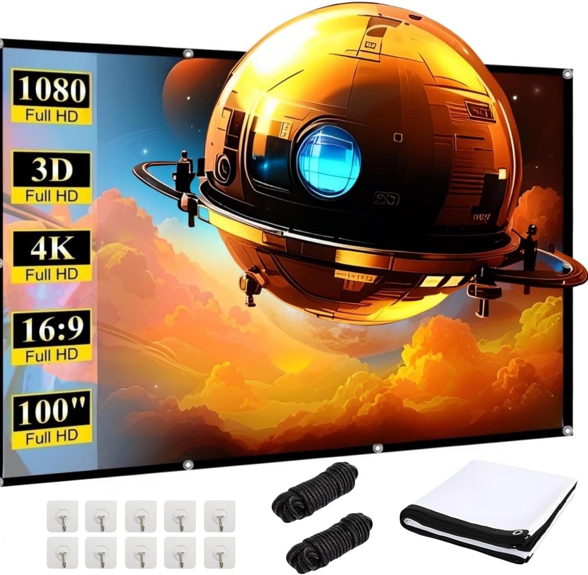 Canvas Projector 100 Inch | 16:9 HD Foldable Projector Screen Outdoor | Thicker, Lightproof Projector Screens | Wrinkle-Free and Easy to Carry - Especially Suitable for Outdoor, Camping, Home