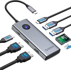 ORICO USB C Dual HDMI Docking Station, 8 in 1 USB C Hub with 2 HDMI 4K@60Hz, 2 Monitor Docking Station, 2 USB-A 3.0 Ports, Type-C 3.0, 100W PD, SD/TF Card Reader, Multiport Adapter