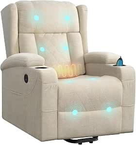 WOLTU Electric Recliner Chair, Massage Relax Chair with Lift Assist, with Massage Heating, Footrest, Pockets, Cup Holder, USB Port, Terry Cloth, Beige, SKS61be