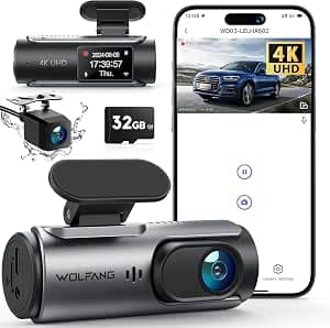 WOLFANG Dashcam Car Front Rear 4K WiFi Dashcam with 32GB SD Card, Ultra Night Vision, 170° Wide Angle, WDR, 24-Hour Parking Mode, G-Sensor, Loop Recording