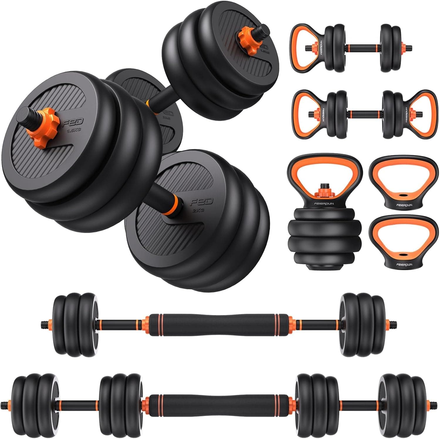 FEIERDUN Adjustable Dumbbells, 20lbs/30lbs//50lbs/70lbs/90lbs Free Weight Set with Connector, 4 in1 Dumbbells Set Used as Barbell, Kettlebells, Push up Stand, Fitness Exercises for Home Gym Suitable Men/Women