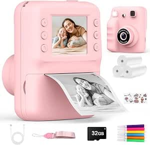 Children's Instant Camera, Children's Camera with Printing Paper & 32GB Card, 2.4 Inch HD Screen, 1080P Video, Selfie & Games, Christmas Birthday Gift for Girls Boys 3 to 12 Years Old