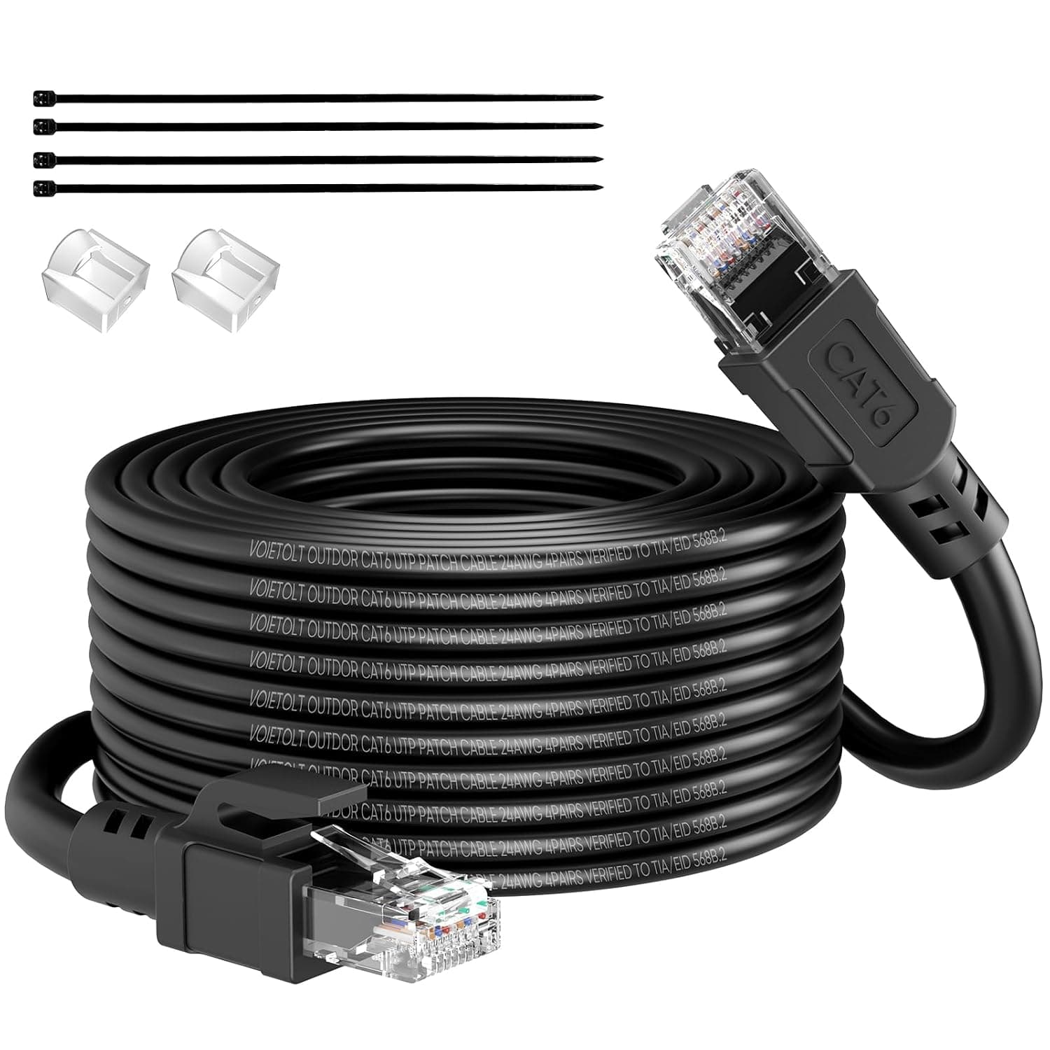 Outdoor Cat 6 Ethernet Cable 30m, Water Resistant Direct Burial LLDPE UV Jacket - 24AWG 10Gbps High Speed Gigabit Internet Network Cable - CCA, UTP with 20 Ties - Black