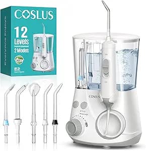 COSLUS E2 Advanced Water Flosser for Teeth: 2 Modes & 12 Pressure Settings Electric Dental Pick for Orthodontic, Braces, Sensitive Gums - Home Use, ​​5 Jet Tips for Multiple Users, Family, White