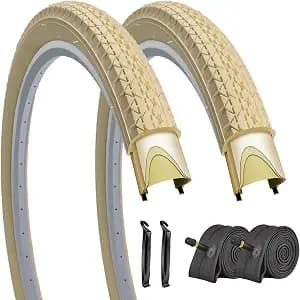 SIMEIQI 1 or 2 Pack 26"x2.125" Cruiser Beach Bike Tires Cream Color with or Without Inner Tubes 26"x1.75"/2.125" Replacement Folding Bicycle Tyres for City Commuter Urban Pavement