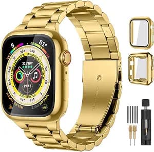 Lerobo Compatible with Apple Watch Band 44mm 42mm 40mm 38mm 41mm 45mm 46m 49mm, Solid Stainless Steel Metal Band with 2 Pack Protective Cover Case for iWtach Series 11 10 9 8 7 6 5 4 3 SE Ultra Men Women