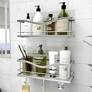 KINCMAX Premium Shower Caddy, Self Adhesive Wall Shower Organizer, 2-Pack No Drill Bathroom Shelves, Rustproof Stainless Steel Shampoo Holder, Storage Rack, Silver