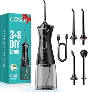 COSLUS Oral Irrigator Wireless Electric Tooth Cleaner: 4 Modes Oral Irrigator Wireless 300 ml Water Tank Oral Irrigator Quick Charge for 30 Days Battery Life Interdental Cleaner