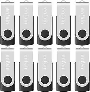 Enfain Bulk 256MB USB 2.0 Flash Drive Small Capacity Thumb Drive Memory Stick Swivel Jump Drive Pen Drives, with 12 Labels for Content Marking, Suitable for Sewing Embroidery Machines (Black, 10 Pack
