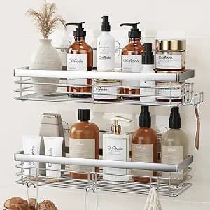 Orimade Shower Caddy with 5 Hooks Organizer for Hanging Razor and Sponge Bathroom Basket Adhesive Shower Shelf Storage Kitchen Rack Wall Mounted No Drilling Rustproof Stainless Steel - 2 Pack