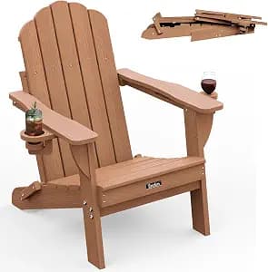 Folding Adirondack Chair,All-Weather HDPE Fire Pit Chair with 2 Cup Holders, Plastic Outdoor Chair for Patio Deck Garden Lawn, Teak