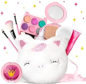 ULOVEME Kids Washable Makeup Kit for Girls 4-6 with Small Coin Purse(5.5x5.25in) - Real, Non Toxic Make Up Toy Gift- Umicorn Gift Set (White Umicorn v2)