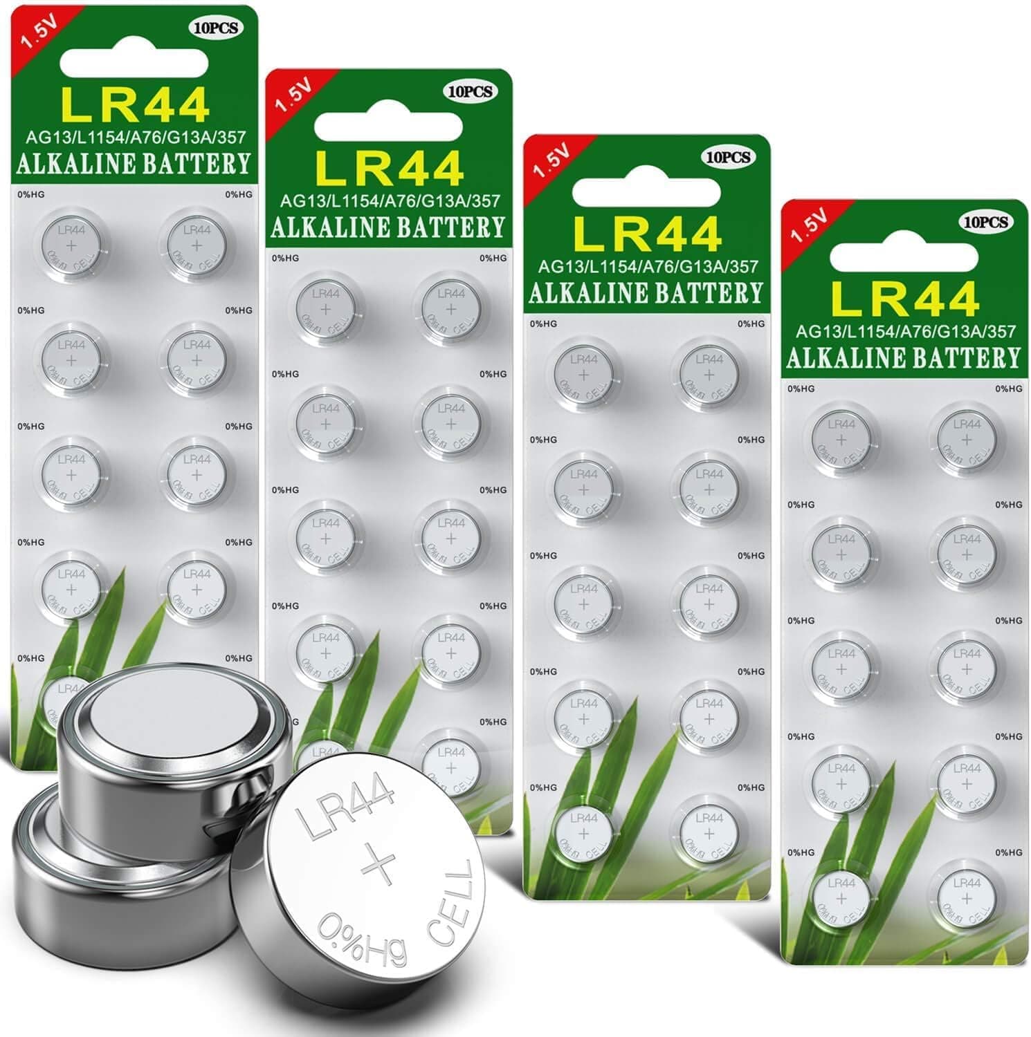 Pack of 40 AG13 LR44 1.5 V Alkaline Button Cell Batteries, Mercury-Free (357 / 357A / L1154 / A76 / GPA76)