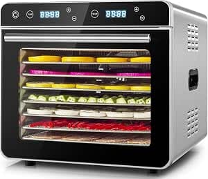Kwasyo Food Dehydrator, Dehydrator with 8 Stainless Steel Trays, Adjustable Temperature 30-85°C, 24-Hour Timer, Food Dryer for Fruits, Veg, Meat, Mushrooms, 700W