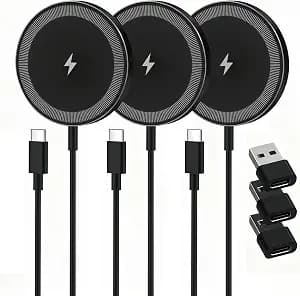 Magnetic Wireless Charger Charging Pad: 15W Qi Fast Portable for iPhone 17 16 15 14 13 12 Series & AirPods 4 3 2 Pro Qi2 Ready-USB-C/A Dual Ports,Lightweight for Travel Office Home Desk,3 Pack Black