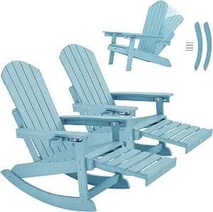 YEFU Adirondack Rocking Chairs Set of 2 : Oversize Adirondack Chair with Retractable Ottoman- 5-Level Adjustable High Back - Outdoor Rocker with Cup Holder for Porch/Garden/Lawn/Patio/Backyard/Blue