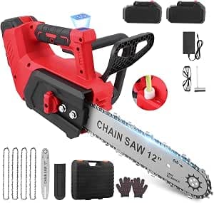 12-Inch Brushless Cordless Chainsaw with Digital Display, 2X 4.0Ah Batteries, 1200W Motor & 3 Chains for Wood Cutting and Tree Trimming