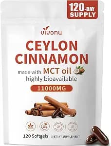 2-in-1 Organic Ceylon Cinnamon with MCT Oil Supplements Softgels, 120 Day Supply, Authentic Sri Lankan Source, Liposome Highly Bioavailable Extract, Energy & Metabolism Support, Large Granule Softgels