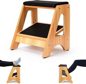 StrongTek Under Desk Foot Stool, 4 Heights, Removable Cushion, 300 lb | Wooden Double-Step Footrest, Ergonomic Leg Positioning, Workstation, Study and Gaming Comfort at Home or Office
