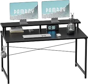Pamray 47 Inch Small Computer Desk with Monitor Stand, Simple Office Desk with Headphone Hook for Small Spaces, Kids Study Writing Table for Bedroom, Black