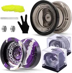 YOYOSTUDIO Responsive Yoyo for Kids 8-12, Professional Yoyo 2 Pack, Dual Mode Metal Yo Yo + Plastic Yoyos with 10 Yo-yo Strings, 2 Yoyos Case, Yo-Yo Accessory Kit (F25 Black Purple Silver + P1 Black)