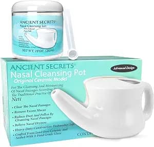ANCIENT SECRETS Ceramic Neti Pot, Non-Iodized Cleansing Salt Included – Nasal Irrigation System, Sinus Relief, Allergy Spray Alternative