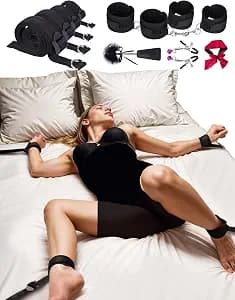 BDSM Bed Restraints Sex Toys: Bondage Restraints Couples Sex Toys BDSM Kit,Adjustable Bed Sex Straps Bondage Set with Nipple Clamps Handcuffs Blindfold Tickler Feather Bondage Gear & Accessories