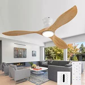 52 Inch Flush Mount Ceiling Fans with Lights and Remote,Low Profile Natural Wood 3 Blade Ceiling Fan,Dimmable,Quiet Noiseless DC Motor for Patios,Living Room,Bedroom(Wall Control Switch)
