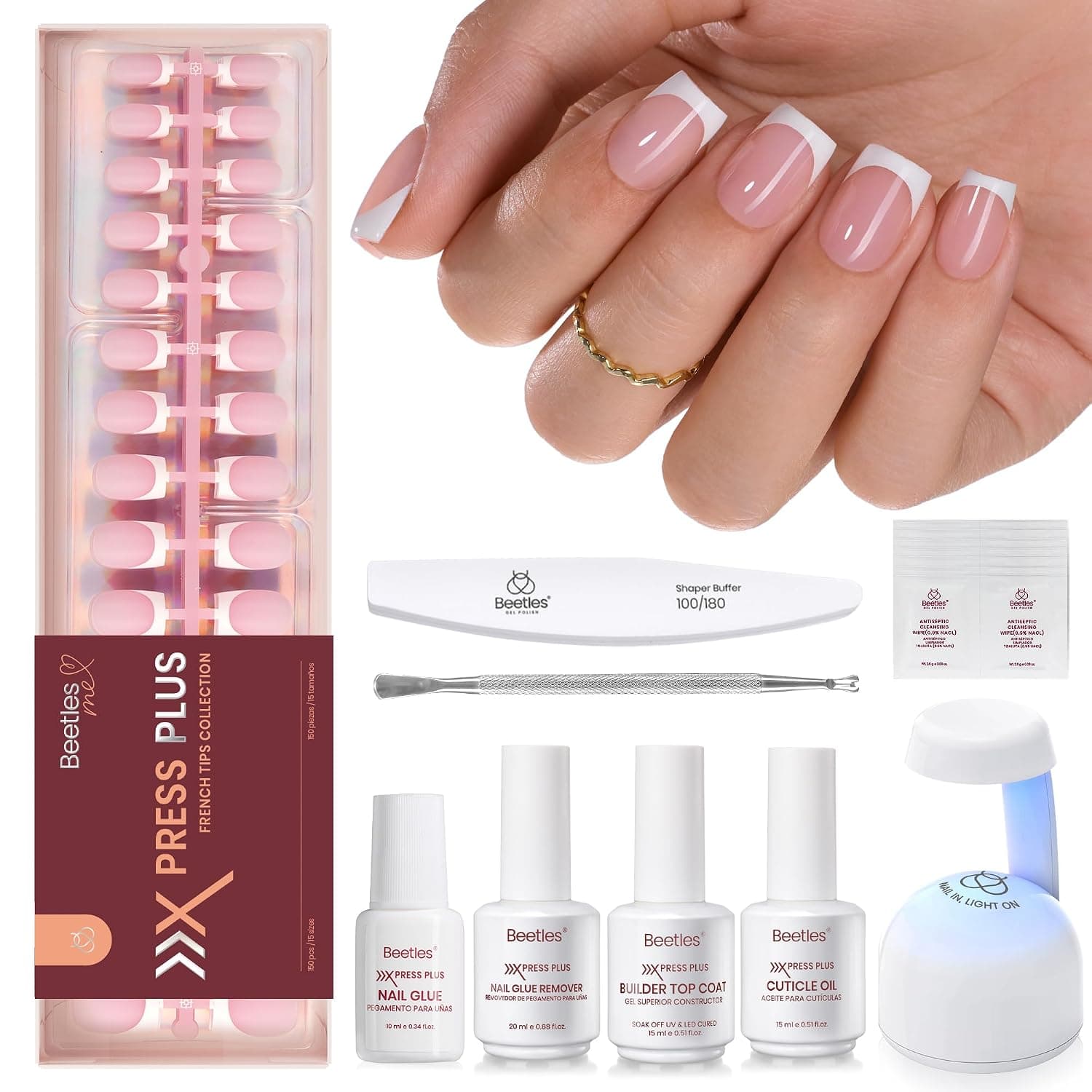 Beetles French Tip Press On Nail Kit - Short Square 150Pcs Pink