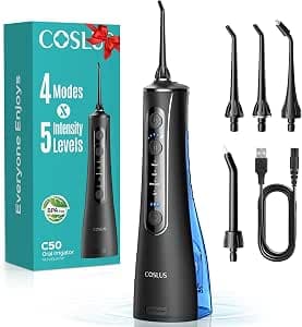 COSLUS C50 Water Flosser for Teeth Cordless: 4 Modes & 20 Levels - Portable Irrigador Dental for Health - Conscious Sensitive Users Gums - Travel Home Use with 4 Jet Tips