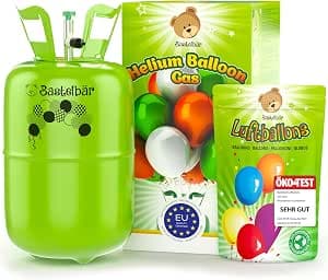 Helium Gas Bottle + 100 Balloons Eco Test "Very Good" Guaranteed 420 L Balloon Gas ✓ For Approx. 50 Balloons ✓ Made in the EU ✓ Helium Balloon Gas • Practical Filling System for Party, Wedding