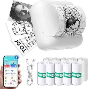 tenwin Mini Thermal Printer with 11 Rolls Printing Paper, Portable Bluetooth Inkless Printer Compatible with iOS & Android, Instant Print for Study, Note, DIY, Journal (White)
