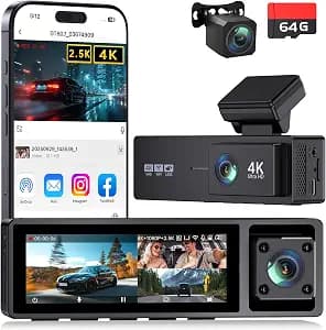3 Channel Dash Cam Front and Rear, 4K+2.5K+1080P Front and Rear Inside, 3.2" Screen Dash Camera for Cars, 4 IR Night Vision, WiFi APP Control, G-Sensor, 24H Parking Mode, Includes 64GB SD Card