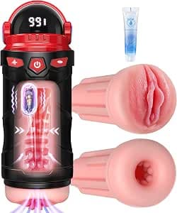Male Masturbator Sex Toys for Men - Vibrating Pocket Pussy Penis Pump 2 Sleeves Realistic Fleshy with 9 Sucking & 9 Vibrating, Adult Toys Mens Sex Toy, LCD Display Penis Training Stroker Sex Machine