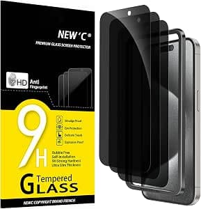 NEW'C 3 Pack Privacy Screen Protector for iPhone 15 Pro Max (6.7 inches), Anti-Spy Tempered Glass Film,Case Friendly Ultra Resistant, Balanced 28-Degree Privacy Angle-Easy installation tool included