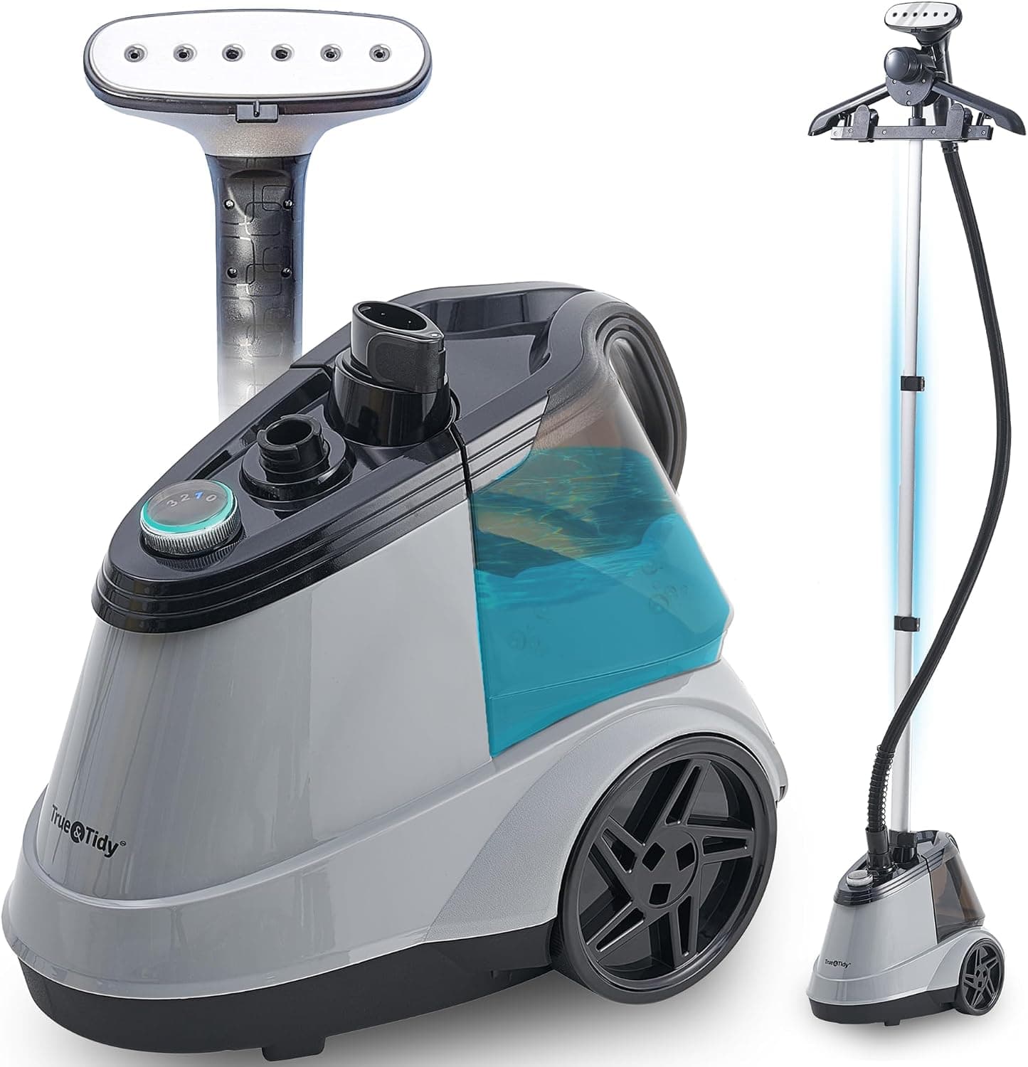 True & Tidy Heavy Duty Commercial Full Size Standing Garment Steamer for Clothes with Extra Large 2.9L (98 oz) Water Tank for 90+ mins of Steam Time, 1800 watts of Powerful Steam, 3 Settings, Gray
