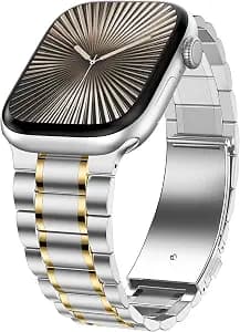Stainless Steel Bands Compatible with Apple Watch Band 42(Series 11/10)/41/40/38mm, Men/Women Metal Replacement Strap Compatible for iWatch SE3/2/1 Series 11 10 9 8 7 6 5 4 3 2 1, Silver Gold