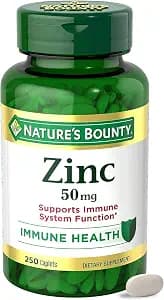 Nature’s Bounty Zinc 50mg, Immune Support & Antioxidant Supplement, Promotes Skin Health, 1 Caplet Per Day, Gluten Free, 250 Vegetarian Caplets