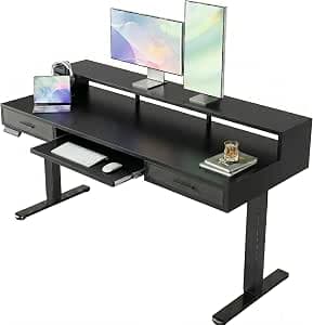 HUANUO 140 x 66cm Standing Desk with Drawers & 64cm Large Keyboard Tray, Electric Standing Desk with 4 Memory Height Settings for Home Office, Stand Up Desk Compatible with C-Clamp Mount, Black