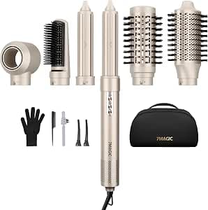 7MAGIC 6 in 1 Multi Hair Styler Dryer Brush, 110,000 RPM High-Speed, Negative Ionic, Fast Drying for Professional Blow Dry, Curling, Volumizing, Straightening and Styling, Gold