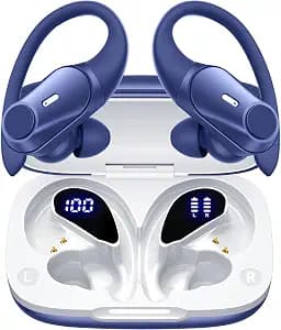 Active Noise Cancelling Ear Buds Wireless Earbuds 80H Playtime Bluetooth Headphones Over Ear Hooks Earphones with Power Display Case Hi-Res Stereo & Clear Calls for Sports Running Gym Workout Blue
