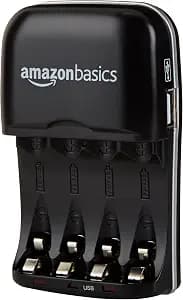 Amazon Basics Rechargeable Battery Charger for AA & AAA Ni-MH Batteries with USB Port, Portable, Travel-Friendly, Over-Charge Protection, Black