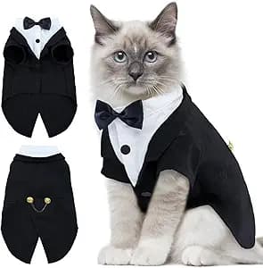 DENTRUN Cat Tuxedo Outfit, Sphynx Cat Costume Formal Suit with Bow Tie, Stylish Cat Shirt Fashion Apparel Fancy Clothes, Kitten Formal Attire Wedding Onesie Costume for Cats Only
