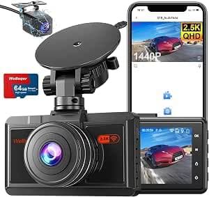 Car Dashcam Front Rear Camera 2.5K+1080P with 64G SD Card WiFi & App, 170° Wide Angle Dash Cam, Night Vision, WDR, G-Sensor, Parking Mode, Loop Recording