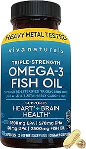 Viva Naturals Triple Strength Omega 3 Fish Oil Pills – 2500 mg High-Potency Formula with 2250 mg Omega 3 Fatty Acids (Including EPA, DHA, DPA) in rTG Form for Absorption – IFOS Certified, 90 Softgels